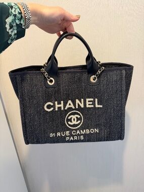 Chanel 2022 Medium Deauville Denim and Gold-Tone Metal Navy Tote